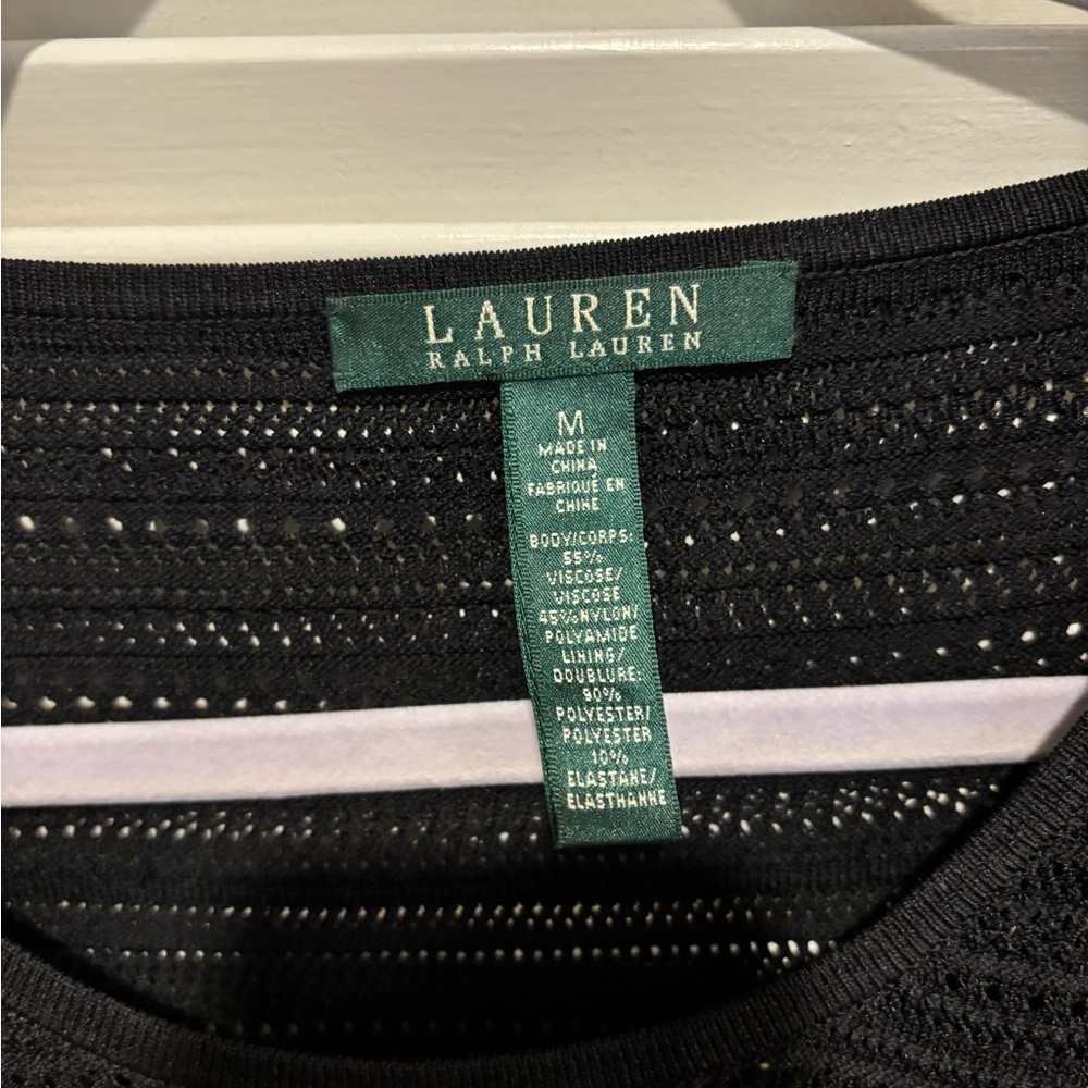 Lauren Ralph Lauren Black 3/4 Sleeve Crochet Knit Crewneck Sweater Midi Dress M - Picture 3 of 3